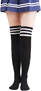 Kfnire Sobre la rodilla de algodón a rayas calcetines de la media para Mujeres Black One Size