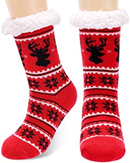 Calmare Mujeres zapatillas calcetines, señoras acogedor suave deslizamiento deslizador calcetines de cama, Navidad copo de nieve alces zapatillas calcetines para mujeres niñas (Rojo)
