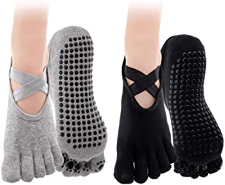 OTOTEC 2 pares antideslizantes Yoga 5 Toe calcetines conjunto mujeres dedo del pie completo antideslizante Pilates entrenamiento gris negro