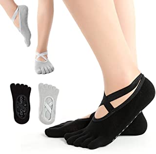 Calcetines de yoga, 2 pares de calcetines antideslizantes antideslizantes de yoga con empuñaduras para mujer Pilates, yoga, barrera, ballet, fitness, entrenamiento descalzo, trampolín