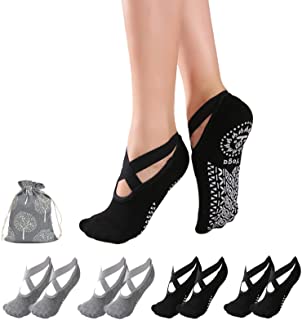 Calcetines de yoga para mujer, antideslizantes, para yoga, pilates, barra, ballet, danza, rehabilitación, maternidad, entrenamiento descalzo – negro y gris, 4 pares
