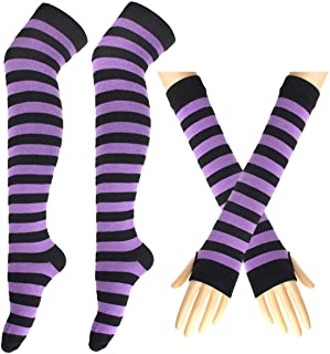 Juego de 2 pares de guantes de punto largo a rayas para la rodilla, calcetines de rayas altas, leggings para fiestas