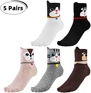 CNNIK 5 Pares Calcetines para mujer, Lindos y novedosos dibujos animados animales patrones calcetines de algodón de punto para damas, multicolor