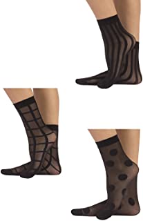 3 PARES Calcetines de mujer | Mini medias semi transparentes | Fantasía Lunares, Rayas Verticales, Cuadros | Negro | Talla Unica | 100% Made in Italy |