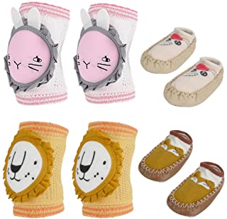 2 pares de rodilleras de bebé para arrastrar, 2 pares de calcetines de bebé zapatilla de zapatos, unisex de dibujos animados antideslizantes para bebés zapatos de calcetines de bebé suaves
