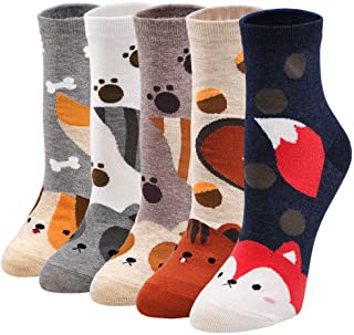 Calcetines de Mujer Divertidos de Algodón, Patrón de Dibujos Animados Lindo Animal Perro Gato, Patrón de Donut de Hamburguesa de Snack Novedos, 5 pares, Tamaño 36-42