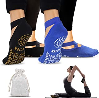 ISUDA Calcetines de Yoga Calcetines Antideslizantes Mujeres (2 Pares) - Calcetines de Yoga Rranspirables Calcetines - para Pilates
