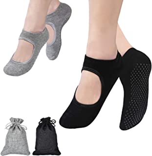 2 Pares Calcetines Yoga, Pilates Calcetines, Calcetines Antideslizantes Mujer pour Yoga, Pilates, Ballet, Fitness Antideslizantes (Negro y Gris)