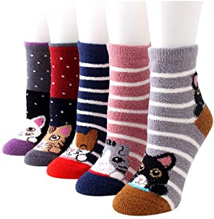 Calcetines Divertidos para Mujer, Calcetines de Animales Gato Calcetines de pantuflas de Invierno Difusos Calcetines Térmicos, 5 Pares