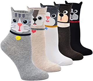 Calcetines Divertidos de Algodón para Mujer Calcetines con Dibujos de Animal Perro Gato, Calcetines Vistosos, Calcetines Navidad para Mujer, talla 35-41, 2/5 pares