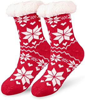 Calcetines de Navidad, Invierno Mujer Gruesos Lana Calcetines Térmicos de Piso Antideslizantes, Tejer Doble Lana Calcetines de Casa para Mujeres Chicas Regalo de Navidad Interior, Talla Unica