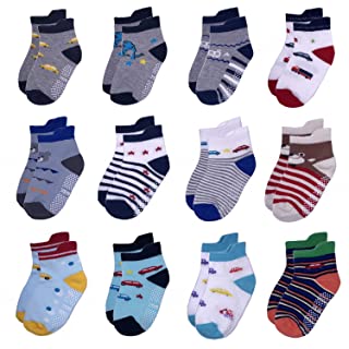 Yafane - 12 pares de calcetines antideslizantes para bebé, de algodón, para niños pequeños, recién nacidos, 0 – 5 años gris azul 0-12 meses