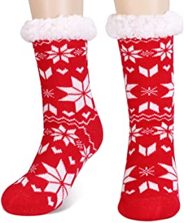 Fixget Calcetines Casa Antideslizante, Zapatillas Calcetines Mujer Invierno Polar para Niñas Alce de Copo de Nieve de Navidad Zapatillas Calcetines