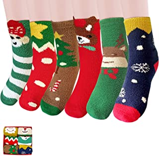 Calcetines de Navidad, 6 Pares de Calcetines Calentitos de Invierno, Calcetines Elásticos Suaves de Patrón Navidad de Felpa Cálidos Algodón Calcetines para Mujer/Niña(Caja De Regalo De 6 Piezas)