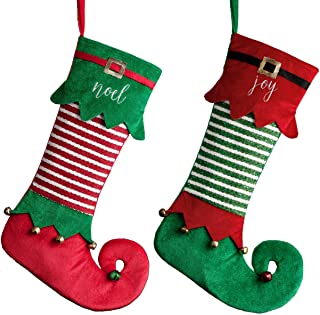 Valery Madelyn 2pcs Medias de Navidad, 46cm Calcetines de Navidad de Elfo Rojo Verde, Adornos de Navidad Tela con Tarjeta de Nombre y Campanas, Decoración de Regalo Navidad (Encantador)
